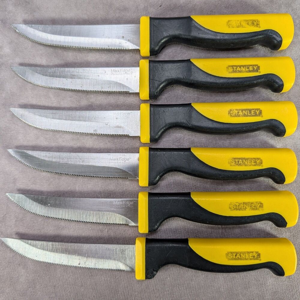 Vintage Stanley MaxEdge Serrated Steak Knives Set of 6 Yellow Black with Block